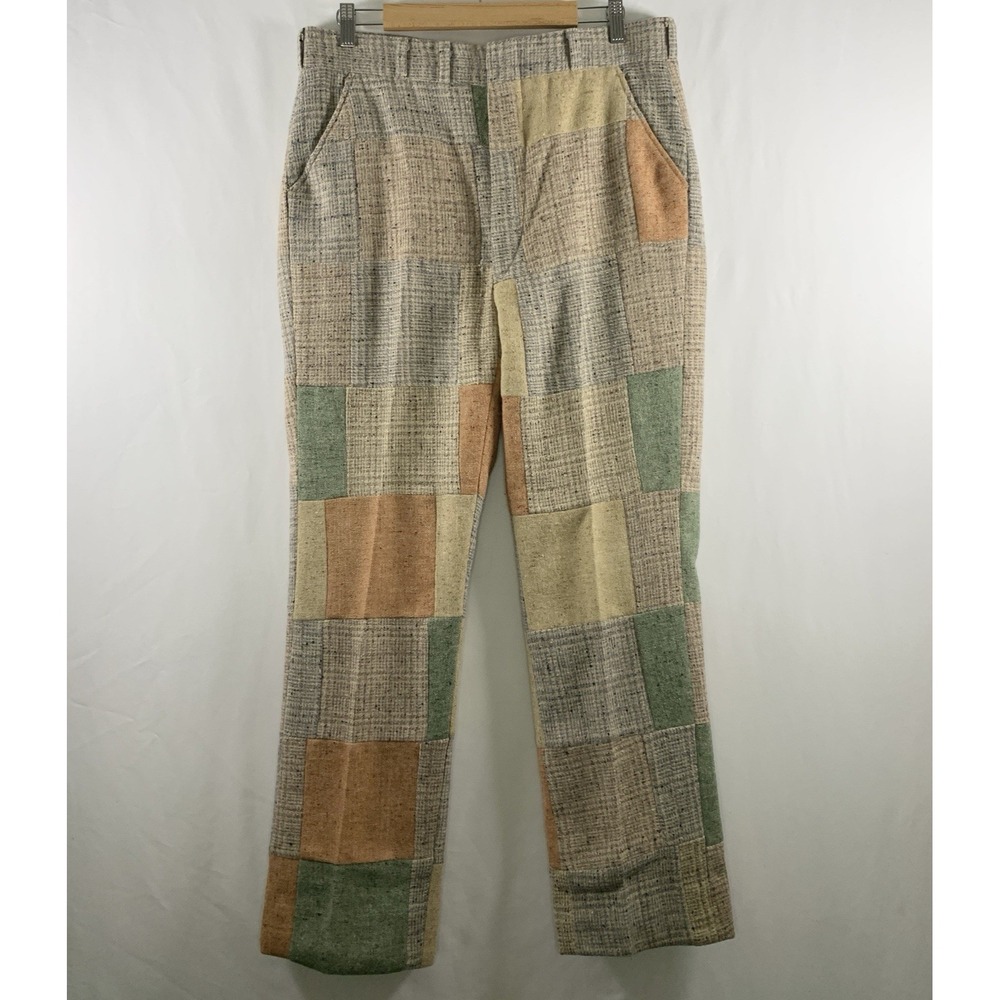 Vintage 70s Mens Patchwork Wool Tweed Pants 34x30 Lined MCM Retro Donegal Pastel